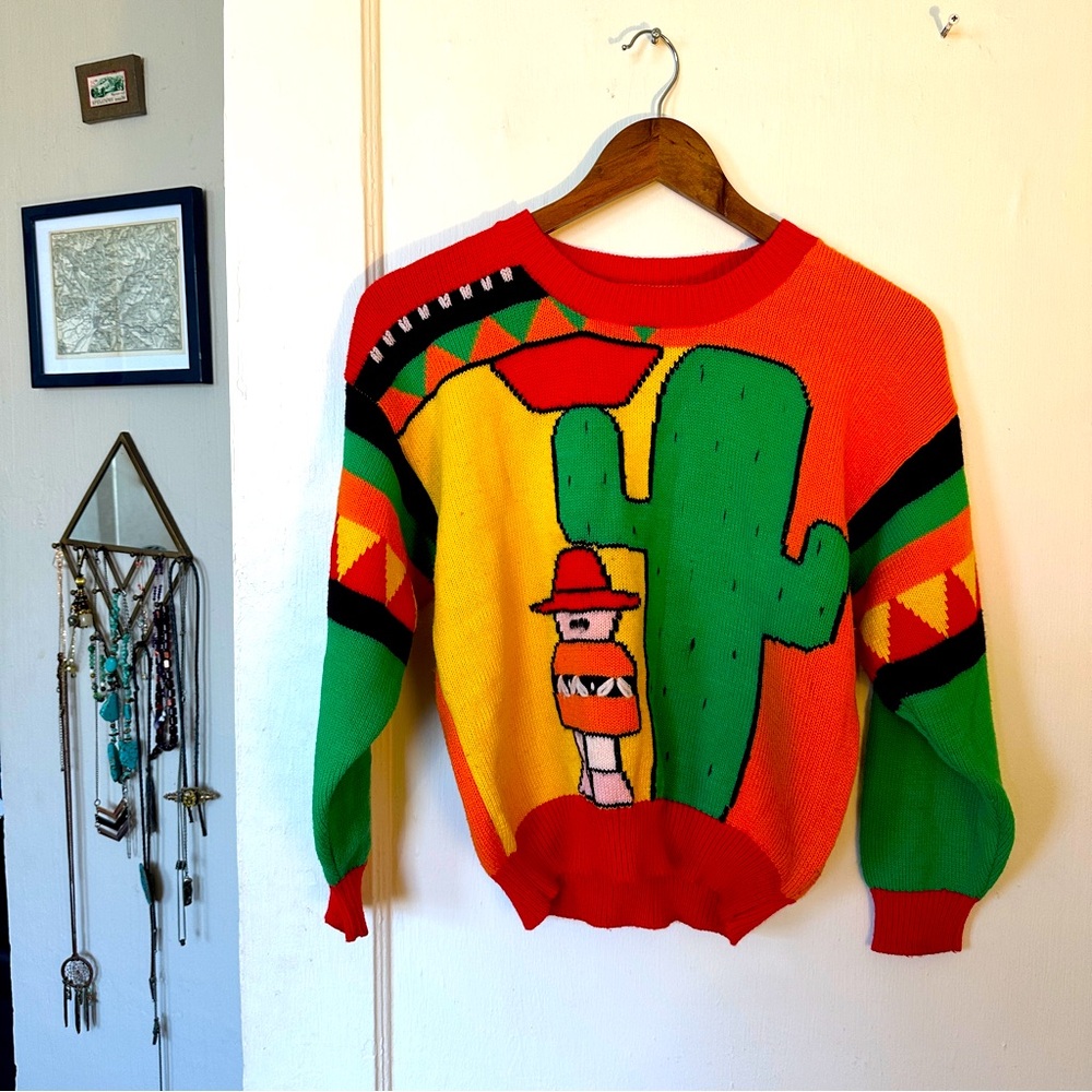 Vintage Desert Cactus folk Knit Sweater
